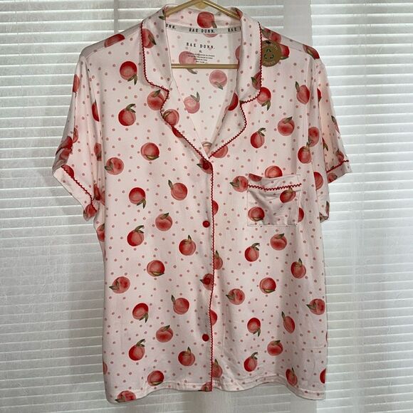 RAE DUNN. XL Blush Pink Peach Notch Collar Short Sleeve Button Top Shorts PJ Set - Picture 2 of 12